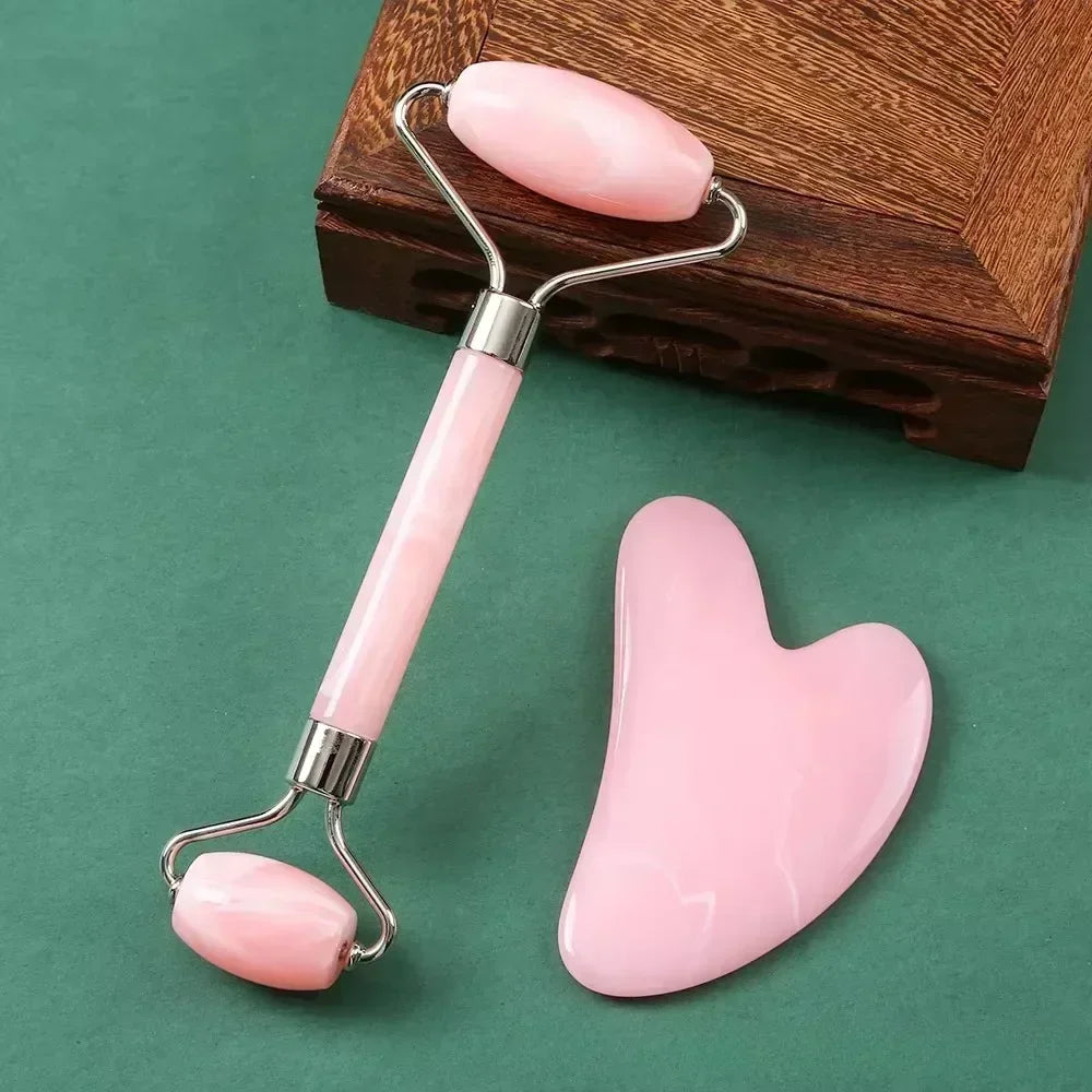 Natural Resin Jade Roller Gua Sha Scraper Set Double Chin Remover Facial Roller Pink Guasha Face Lift Massager Wrinkle Tools