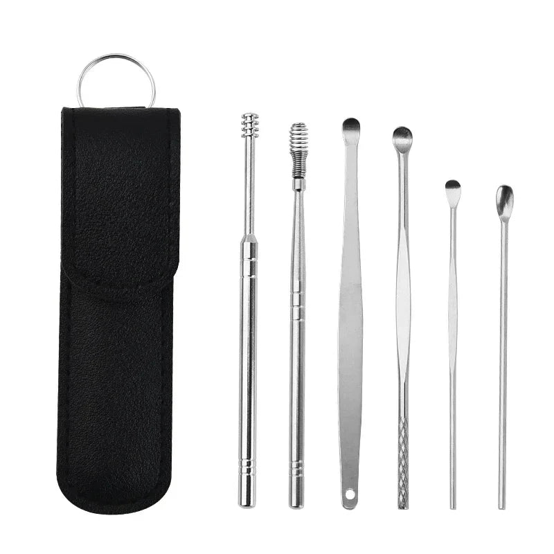 6pcs Stainless Steel Ear Wax Removal Tool Set Spiral Rotating EarPicking Spoon Ear Picker Spoon For Cleaning Collecting Ear Wax