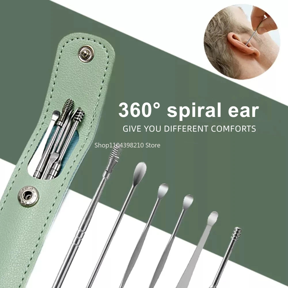 6pcs Stainless Steel Ear Wax Removal Tool Set Spiral Rotating EarPicking Spoon Ear Picker Spoon For Cleaning Collecting Ear Wax