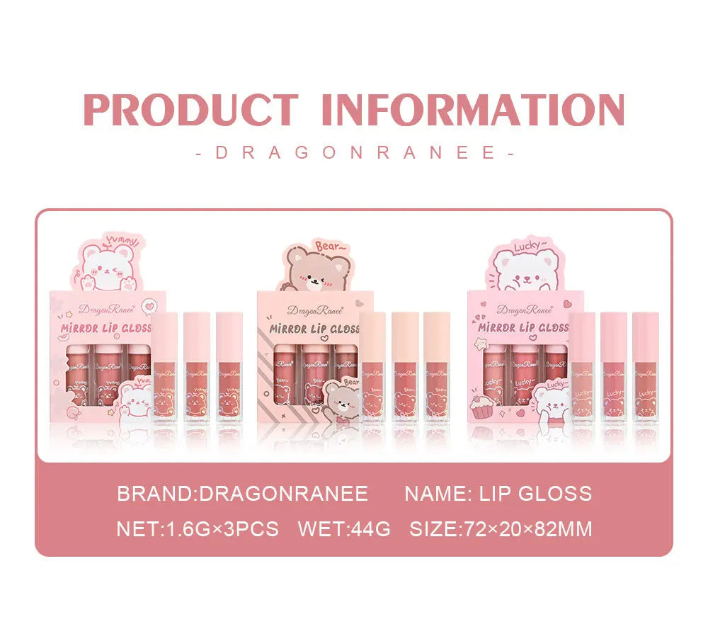 Dragon Ranee 3 colors doe lip glass hydrating mirror lip glaze moisturizing pearl with flash cartoon lip gloss set
