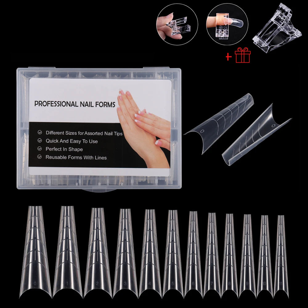 NEW Stiletto Coffin Clear Dual Forms False Tips Quick Building Gel Mold Nail System Full Cover Nail Extension Forms Top