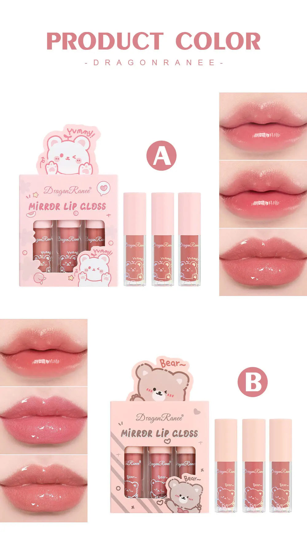 Dragon Ranee 3 colors doe lip glass hydrating mirror lip glaze moisturizing pearl with flash cartoon lip gloss set