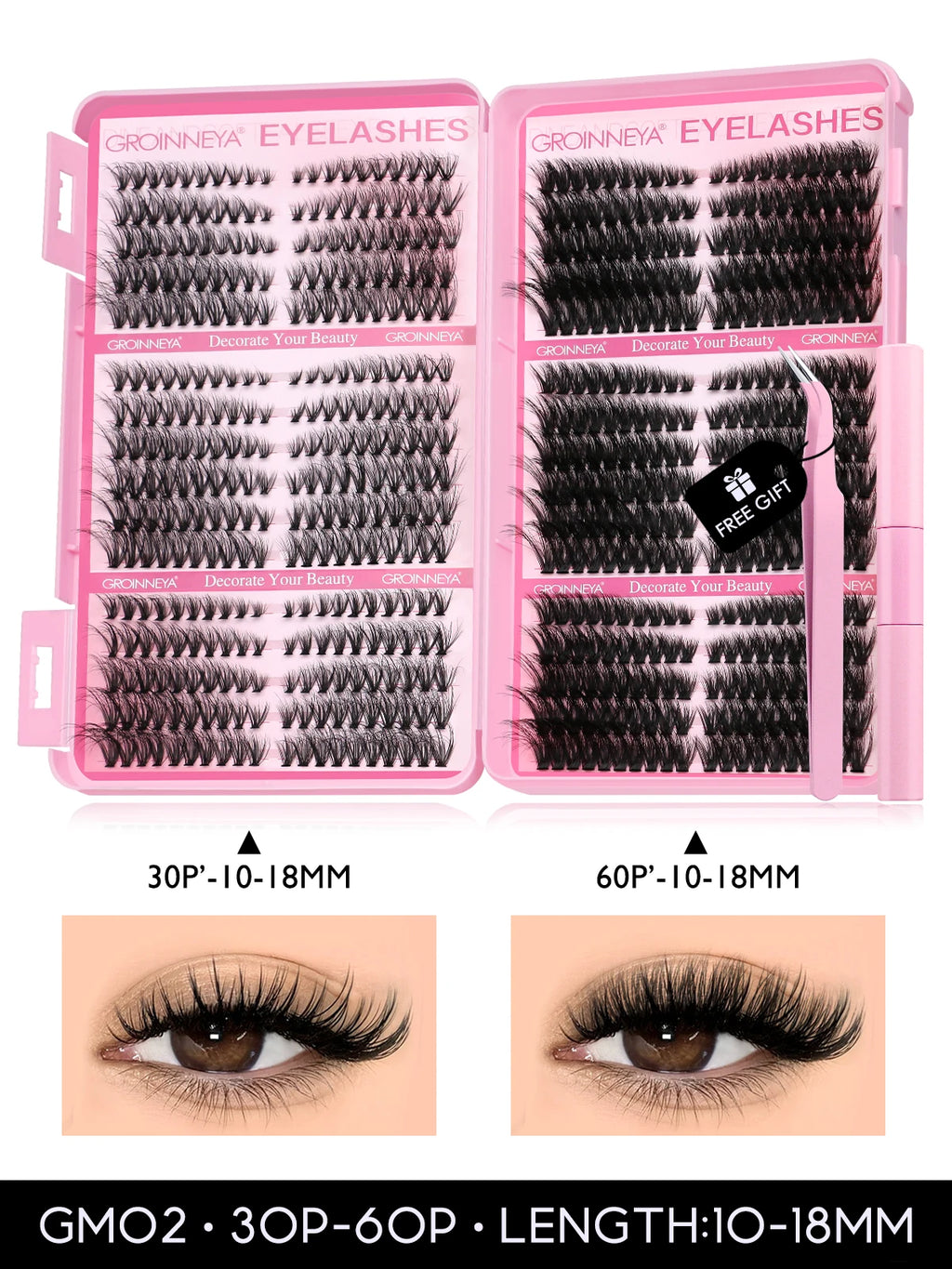GROINNEYA Lash Clusters Kit Cat Lashes 640 Pcs with Lash Bond & Seal Cluster Eyelash Extensions Eyelash Clusters Kit DIY at Home