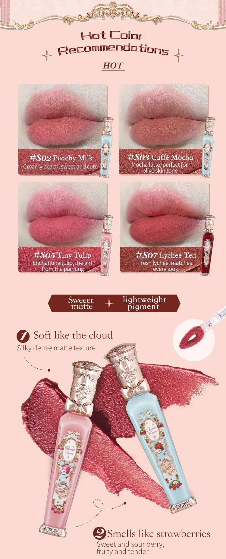 Flower Knows Strawberry Rococo Series Cloud Lip Cream Lip Gloss Long Lasting Velvet Lip Tint Lipstick for Women Cosmetic