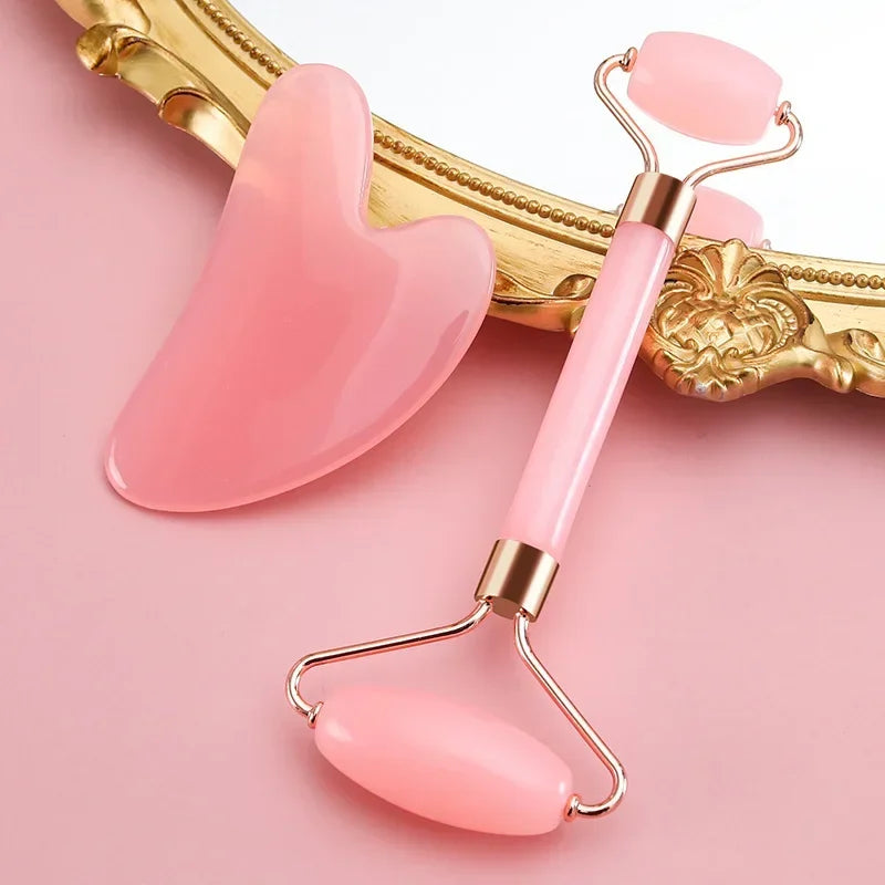Natural Resin Jade Roller Gua Sha Scraper Set Double Chin Remover Facial Roller Pink Guasha Face Lift Massager Wrinkle Tools