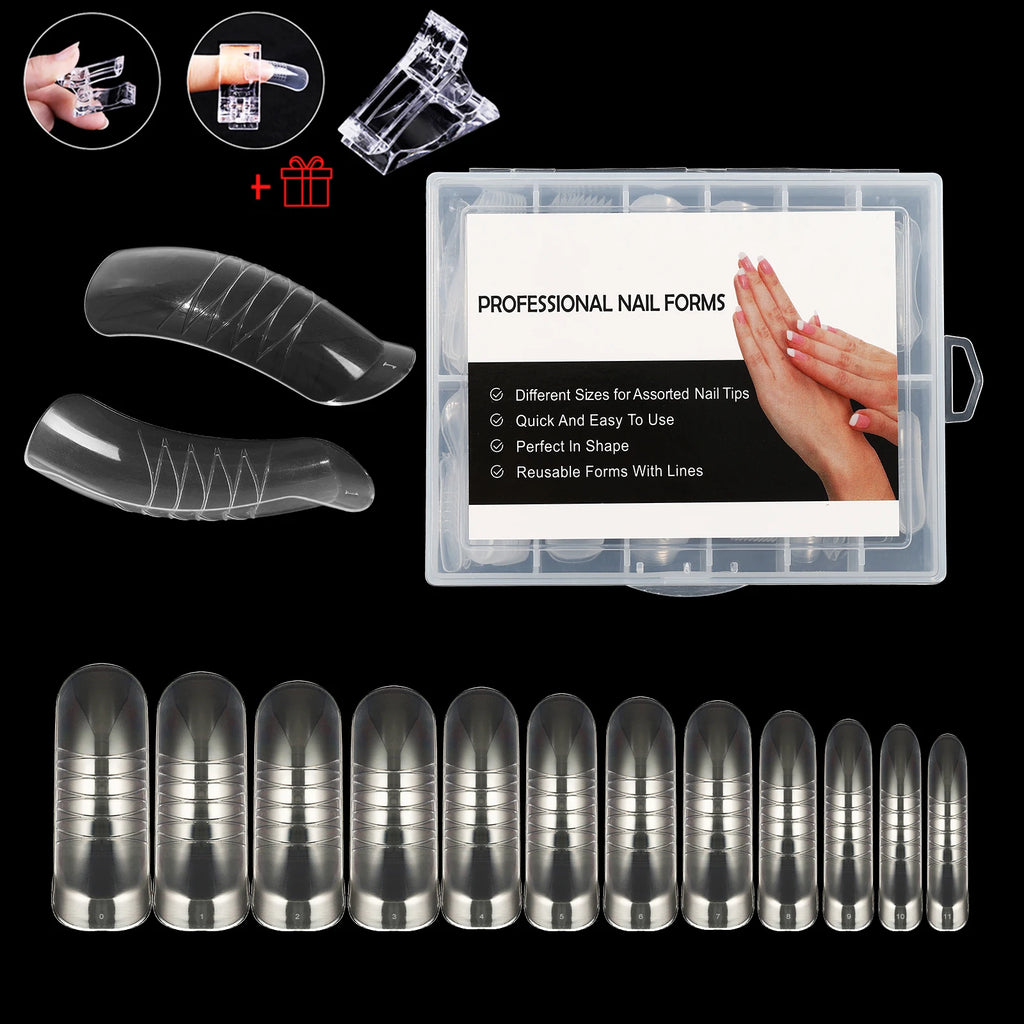 NEW Stiletto Coffin Clear Dual Forms False Tips Quick Building Gel Mold Nail System Full Cover Nail Extension Forms Top