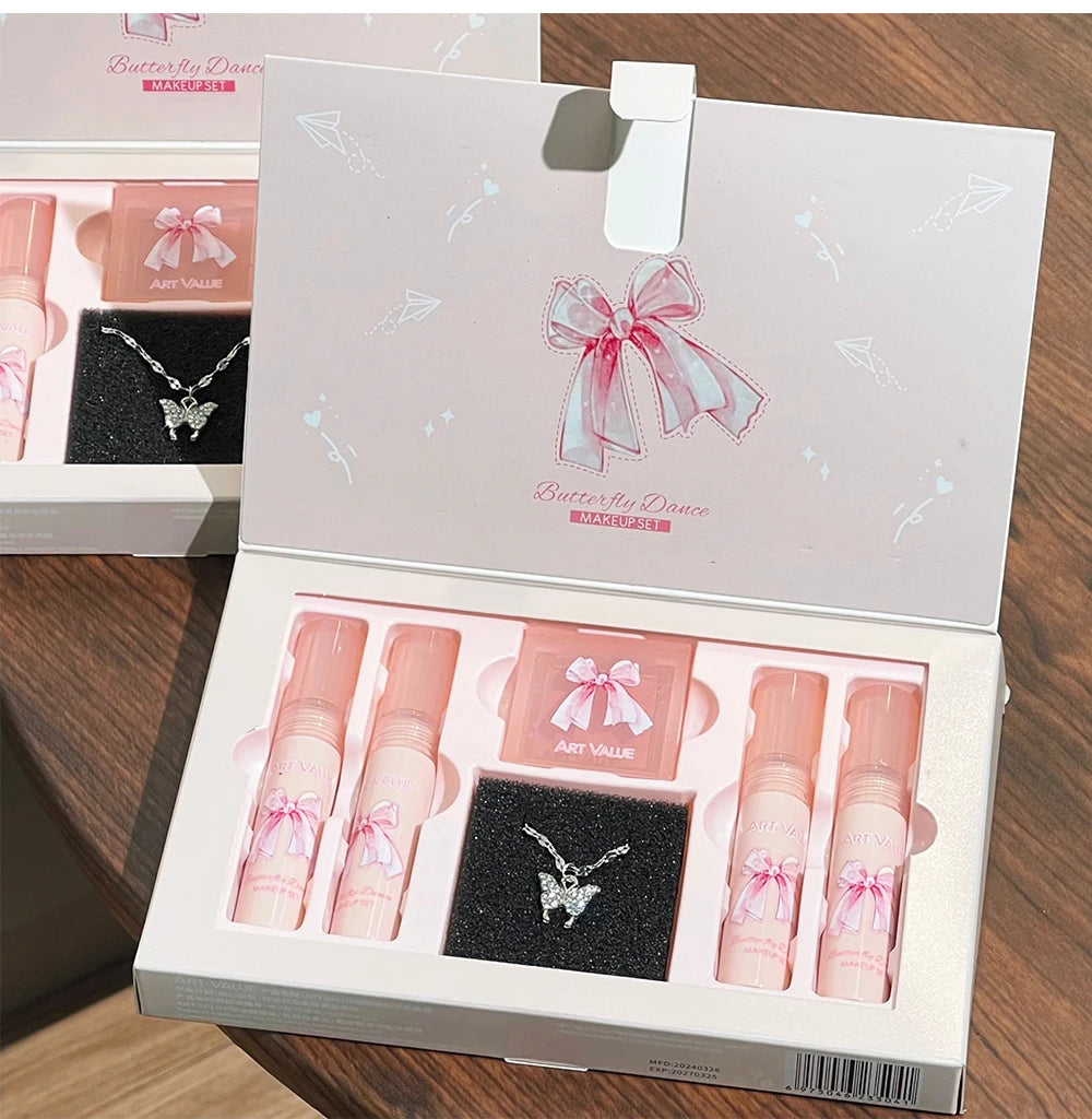 Art Value Butterfly Dance Color Box Four Lip Glaze Blush Set Necklace Lip Mud Blush Set