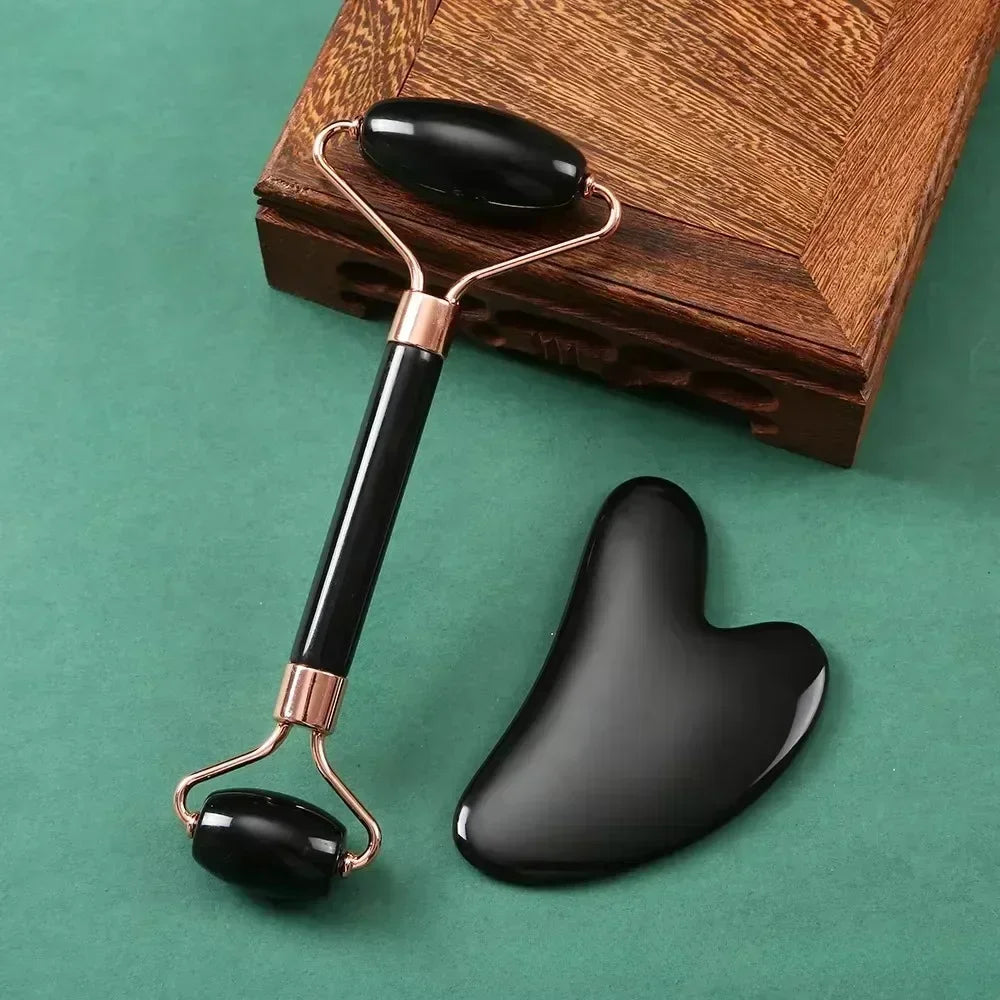 Natural Resin Jade Roller Gua Sha Scraper Set Double Chin Remover Facial Roller Pink Guasha Face Lift Massager Wrinkle Tools