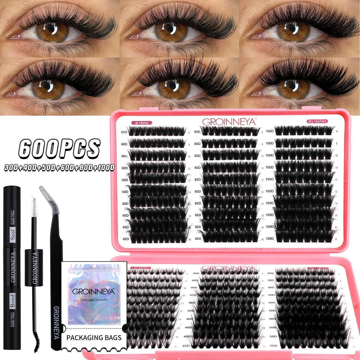 GROINNEYA DIY Lash Clusters Kit Mixed Tray Eyelash Extension Full Set Individual Lashes with Lash Bond&Seal and Tweezers Tool