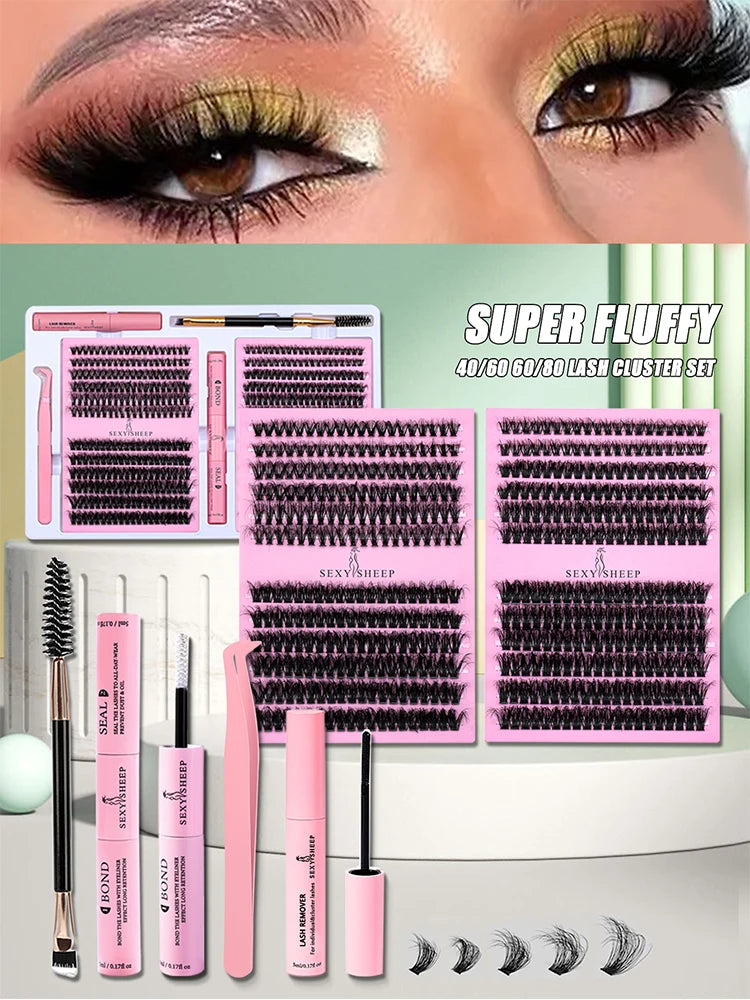 DIY False Eyelashes Clusters Extensions Individual Lashes Cluster Natural Segmented With glue,Remover,lash brush，tweezers