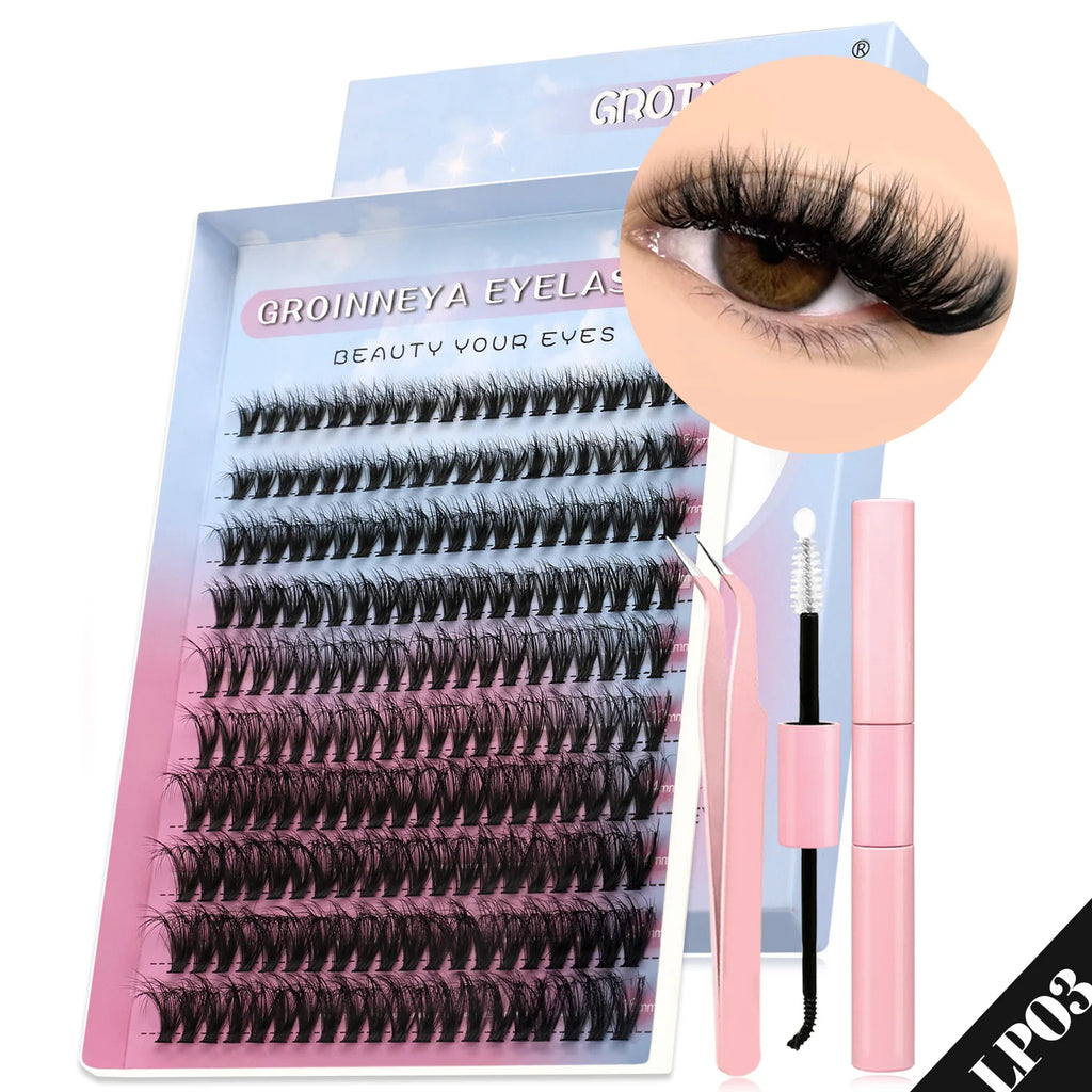 GROINNEYA Lash Clusters Kit Cat Lashes 640 Pcs with Lash Bond & Seal Cluster Eyelash Extensions Eyelash Clusters Kit DIY at Home