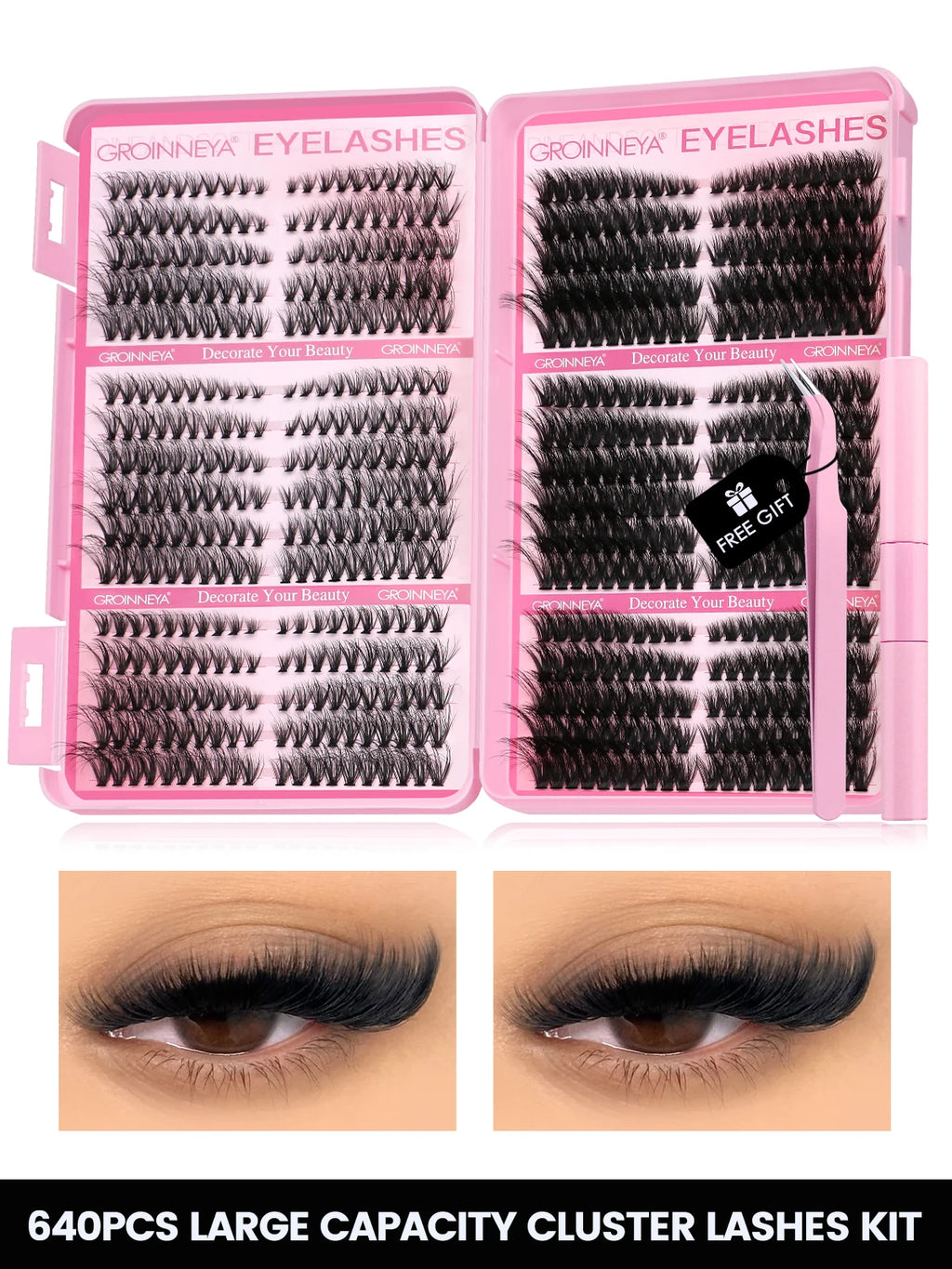 GROINNEYA Lash Clusters Kit Cat Lashes 640 Pcs with Lash Bond & Seal Cluster Eyelash Extensions Eyelash Clusters Kit DIY at Home