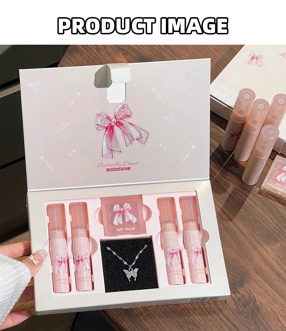 Art Value Butterfly Dance Color Box Four Lip Glaze Blush Set Necklace Lip Mud Blush Set