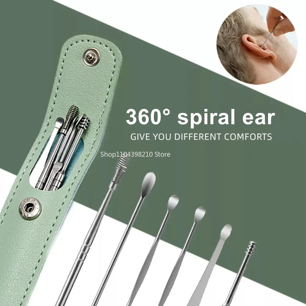 6pcs Stainless Steel Ear Wax Removal Tool Set Spiral Rotating EarPicking Spoon Ear Picker Spoon For Cleaning Collecting Ear Wax