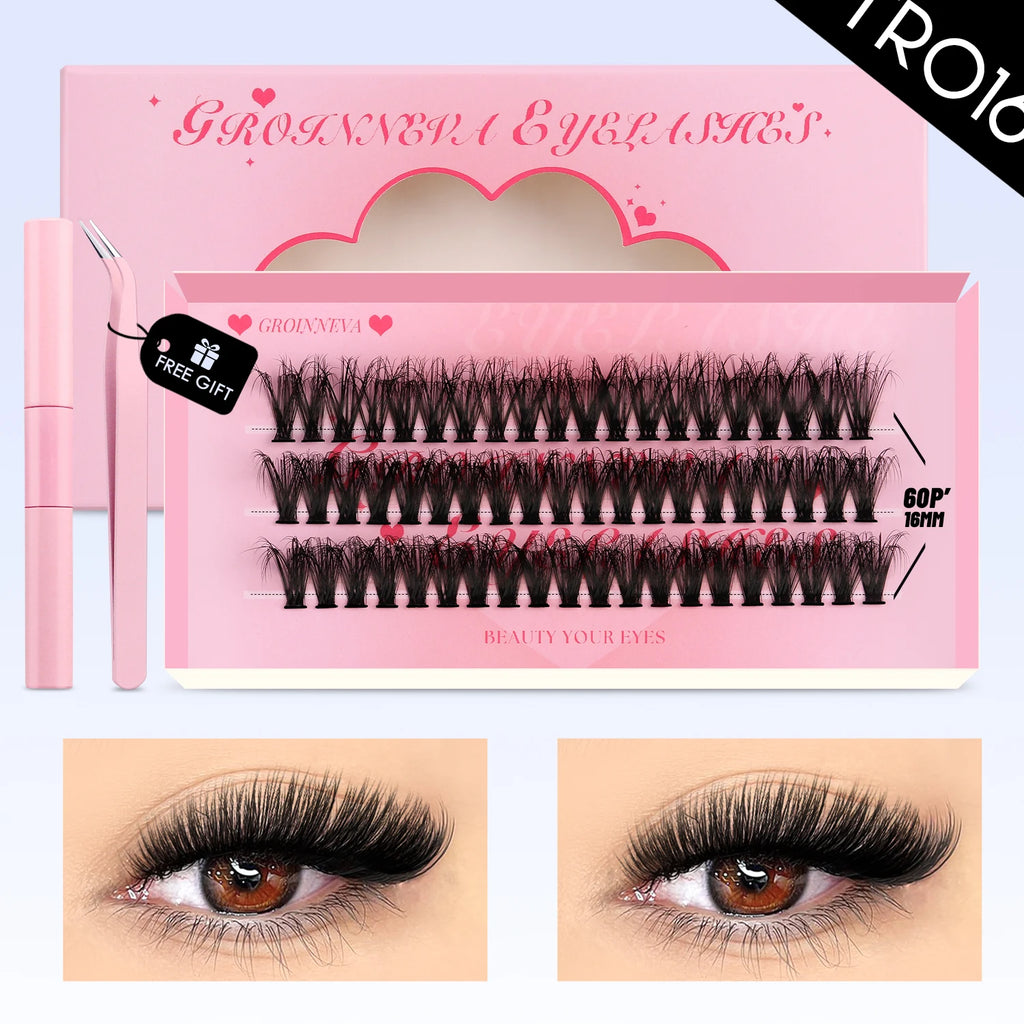 GROINNEYA Lash Clusters Kit Cat Lashes 640 Pcs with Lash Bond & Seal Cluster Eyelash Extensions Eyelash Clusters Kit DIY at Home