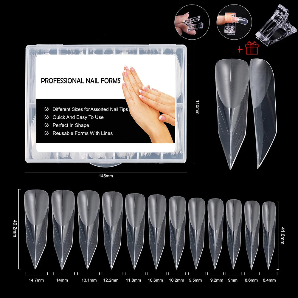 NEW Stiletto Coffin Clear Dual Forms False Tips Quick Building Gel Mold Nail System Full Cover Nail Extension Forms Top