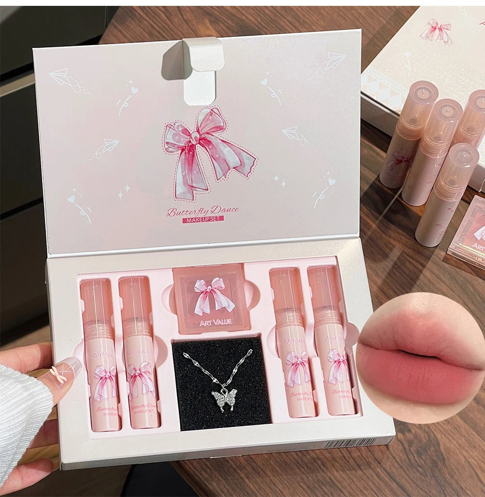 Art Value Butterfly Dance Color Box Four Lip Glaze Blush Set Necklace Lip Mud Blush Set