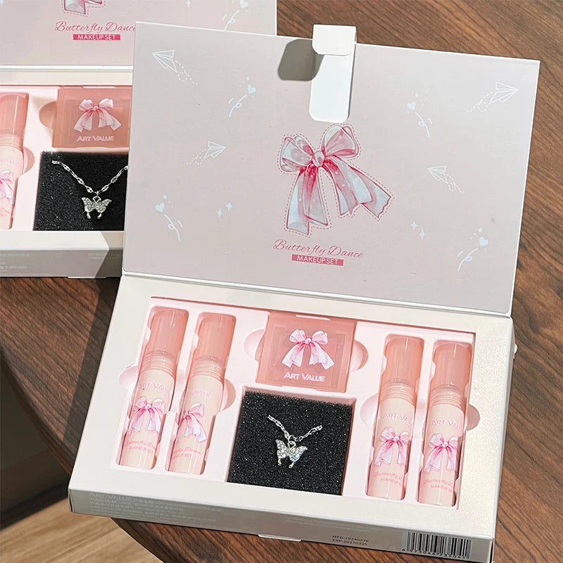 Art Value Butterfly Dance Color Box Four Lip Glaze Blush Set Necklace Lip Mud Blush Set