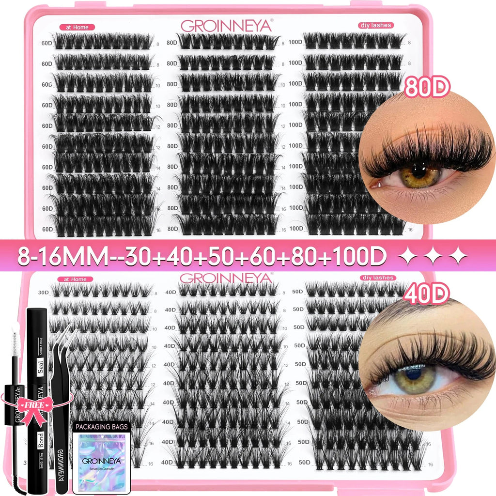 GROINNEYA DIY Lash Clusters Kit Mixed Tray Eyelash Extension Full Set Individual Lashes with Lash Bond&Seal and Tweezers Tool - ApolloX