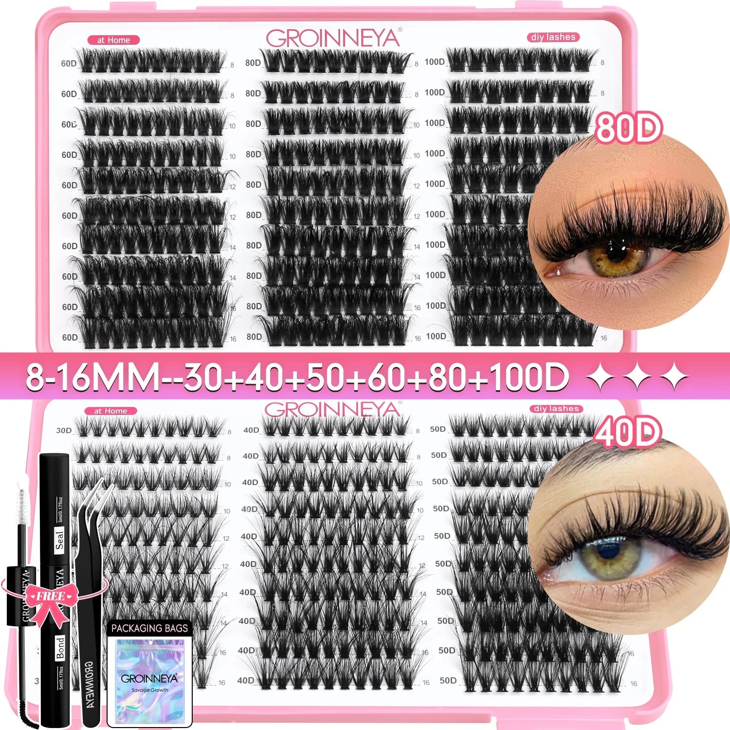 GROINNEYA DIY Lash Clusters Kit Mixed Tray Eyelash Extension Full Set Individual Lashes with Lash Bond&Seal and Tweezers Tool - ApolloX