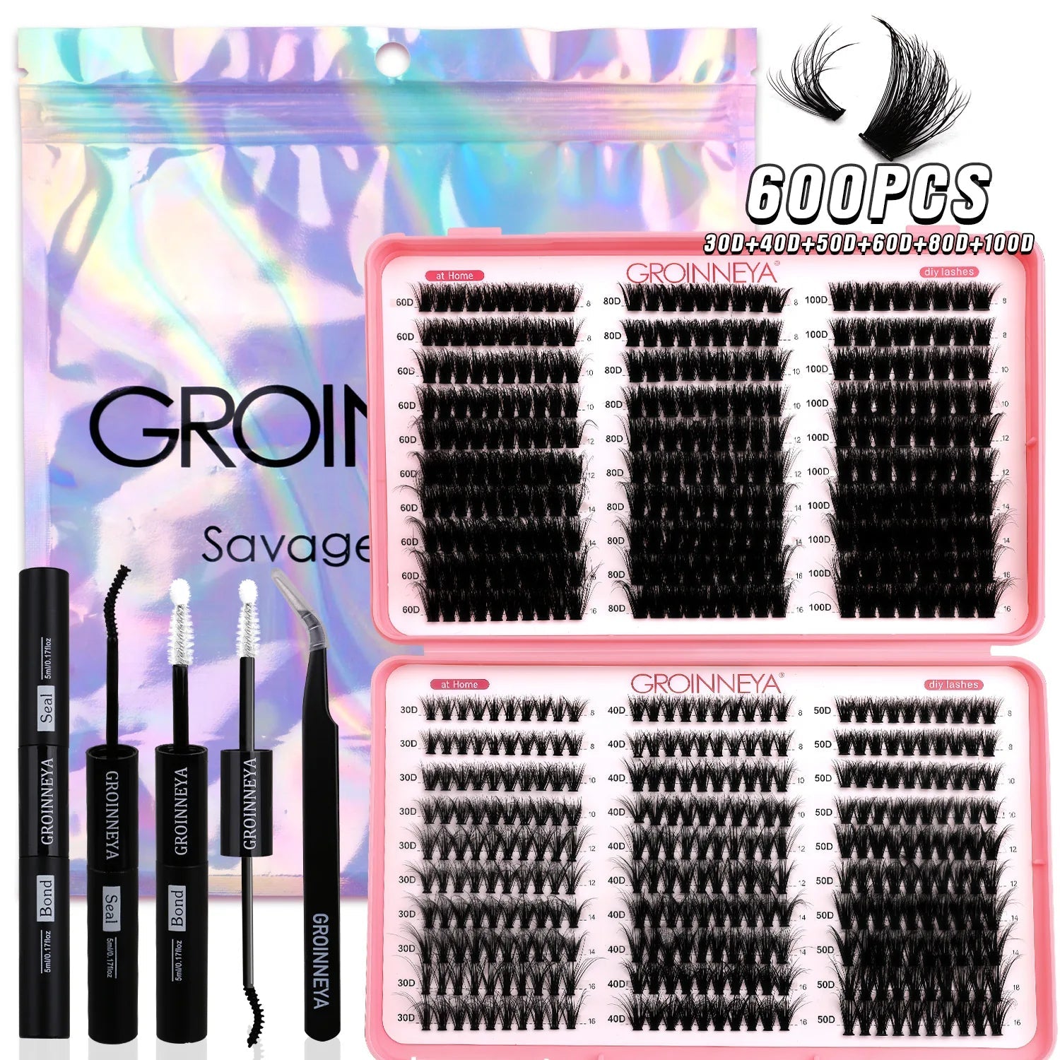 GROINNEYA DIY Lash Clusters Kit Mixed Tray Eyelash Extension Full Set Individual Lashes with Lash Bond&Seal and Tweezers Tool - ApolloX