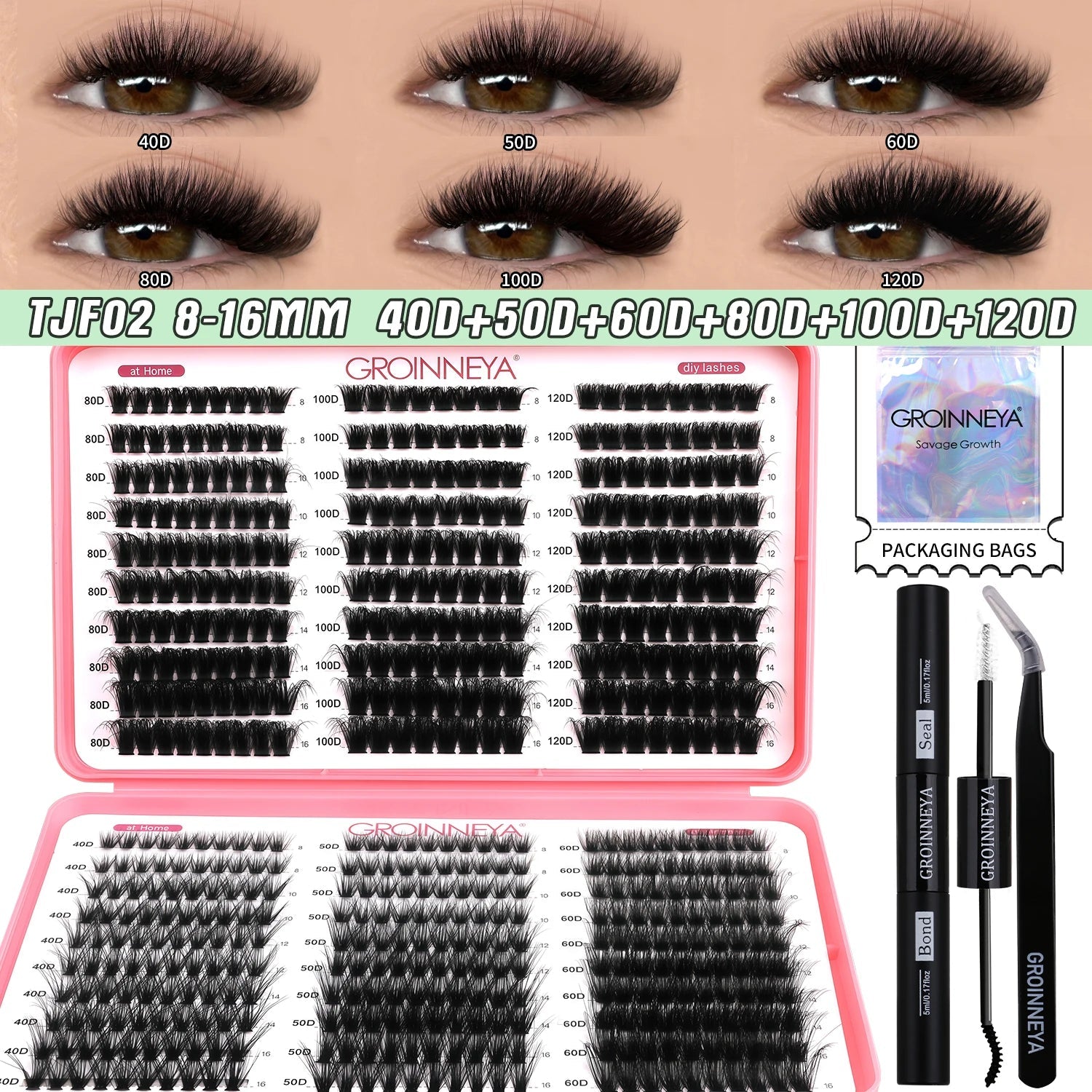 GROINNEYA DIY Lash Clusters Kit Mixed Tray Eyelash Extension Full Set Individual Lashes with Lash Bond&Seal and Tweezers Tool - ApolloX