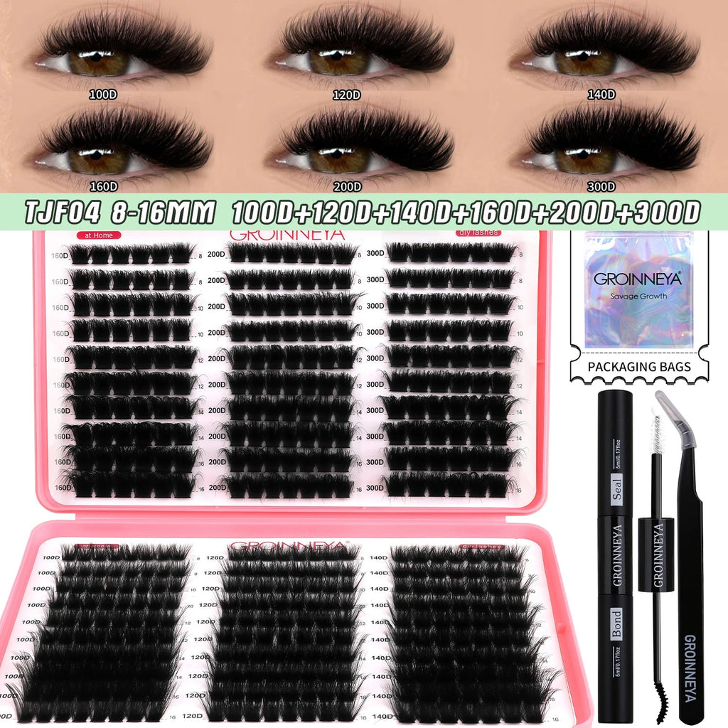 GROINNEYA DIY Lash Clusters Kit Mixed Tray Eyelash Extension Full Set Individual Lashes with Lash Bond&Seal and Tweezers Tool - ApolloX