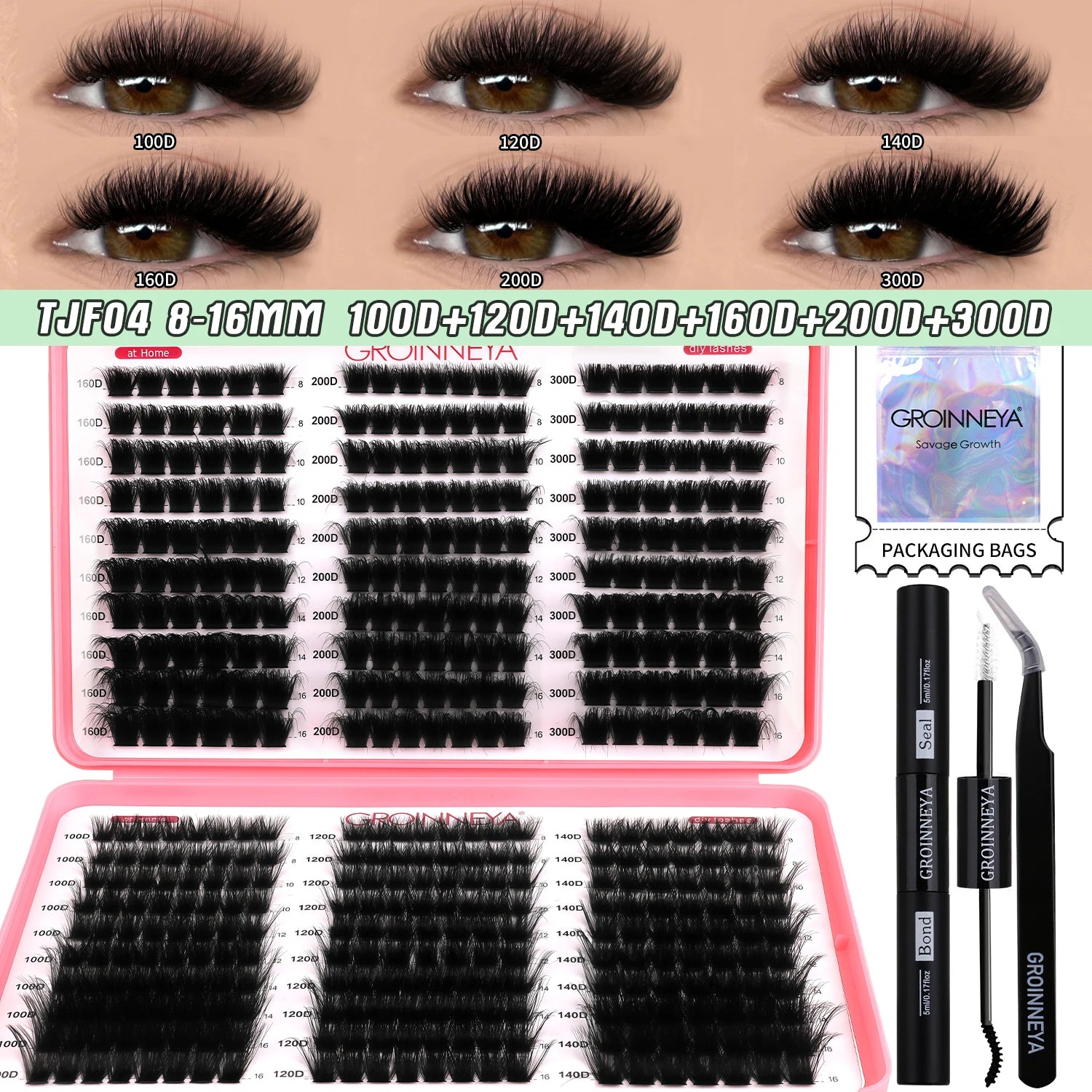 GROINNEYA DIY Lash Clusters Kit Mixed Tray Eyelash Extension Full Set Individual Lashes with Lash Bond&Seal and Tweezers Tool - ApolloX