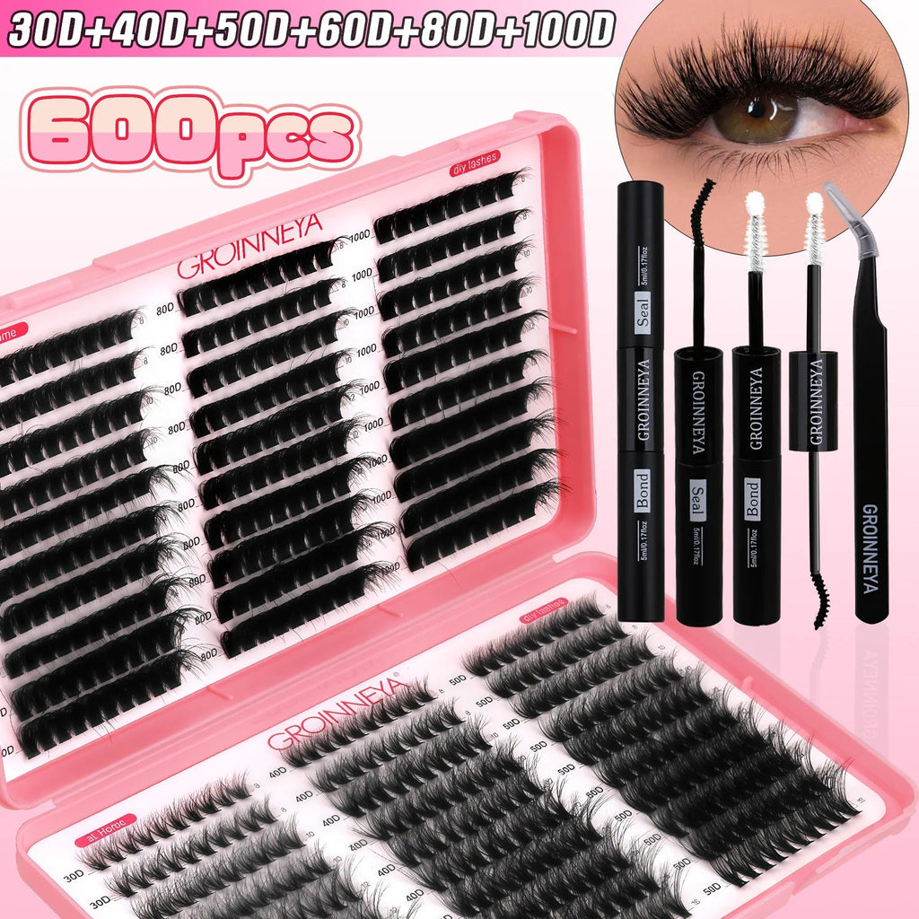 GROINNEYA DIY Lash Clusters Kit Mixed Tray Eyelash Extension Full Set Individual Lashes with Lash Bond&Seal and Tweezers Tool - ApolloX