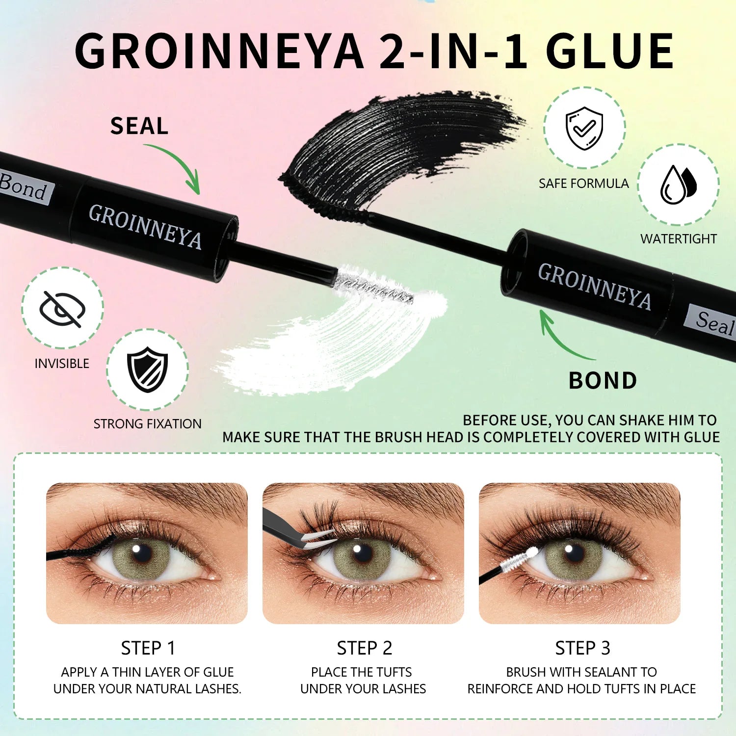 GROINNEYA DIY Lash Clusters Kit Mixed Tray Eyelash Extension Full Set Individual Lashes with Lash Bond&Seal and Tweezers Tool - ApolloX