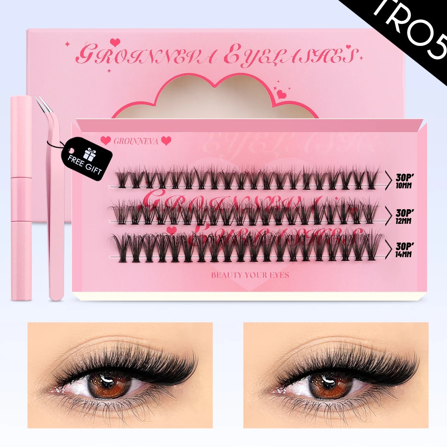 GROINNEYA DIY Lash Clusters Kit Mixed Tray Eyelash Extension Full Set Individual Lashes with Lash Bond&Seal and Tweezers Tool - ApolloX