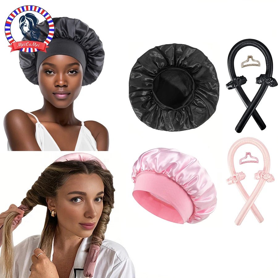 No Heat Hair Curler And Satin Sleeping Cap Set Heatless Hair Curling Headband Hair Claw Clip Hair Rings Soft Sleeping Hat Salon - ApolloX